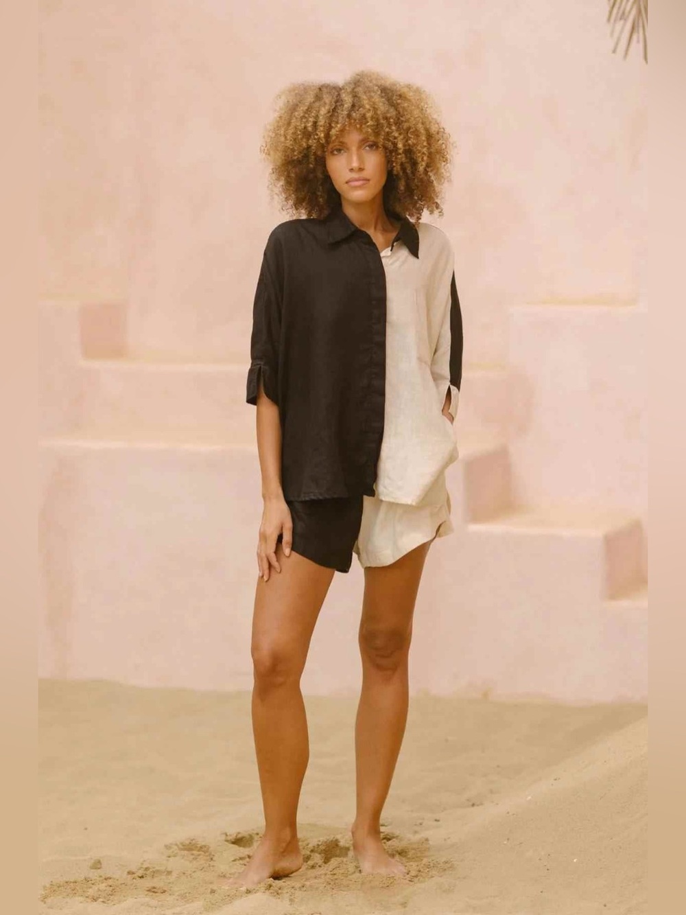 NWT Myrah Penaloza 100% French Linen Yin Yang Suka Set Black Natural S M